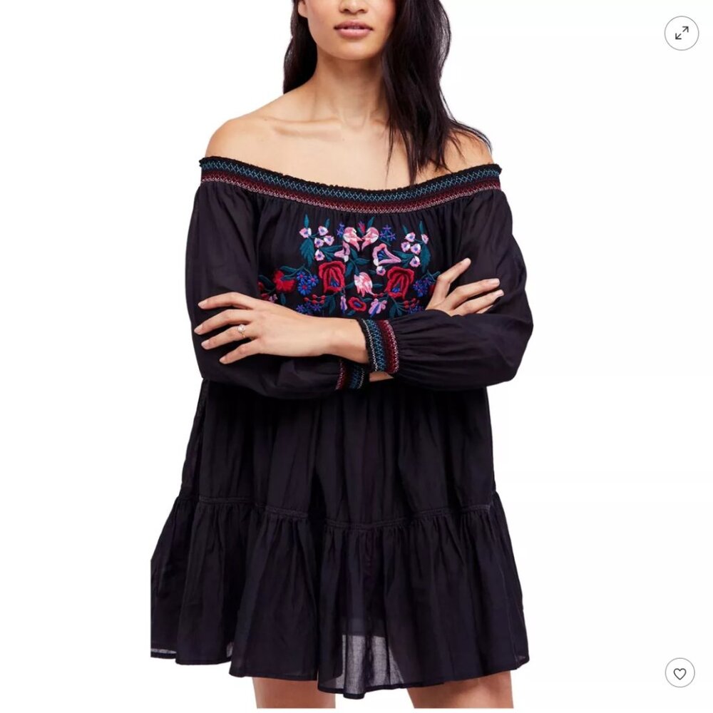 Free People Sunbeams Floral A-line‎ Black Embroidered Dress Size Small